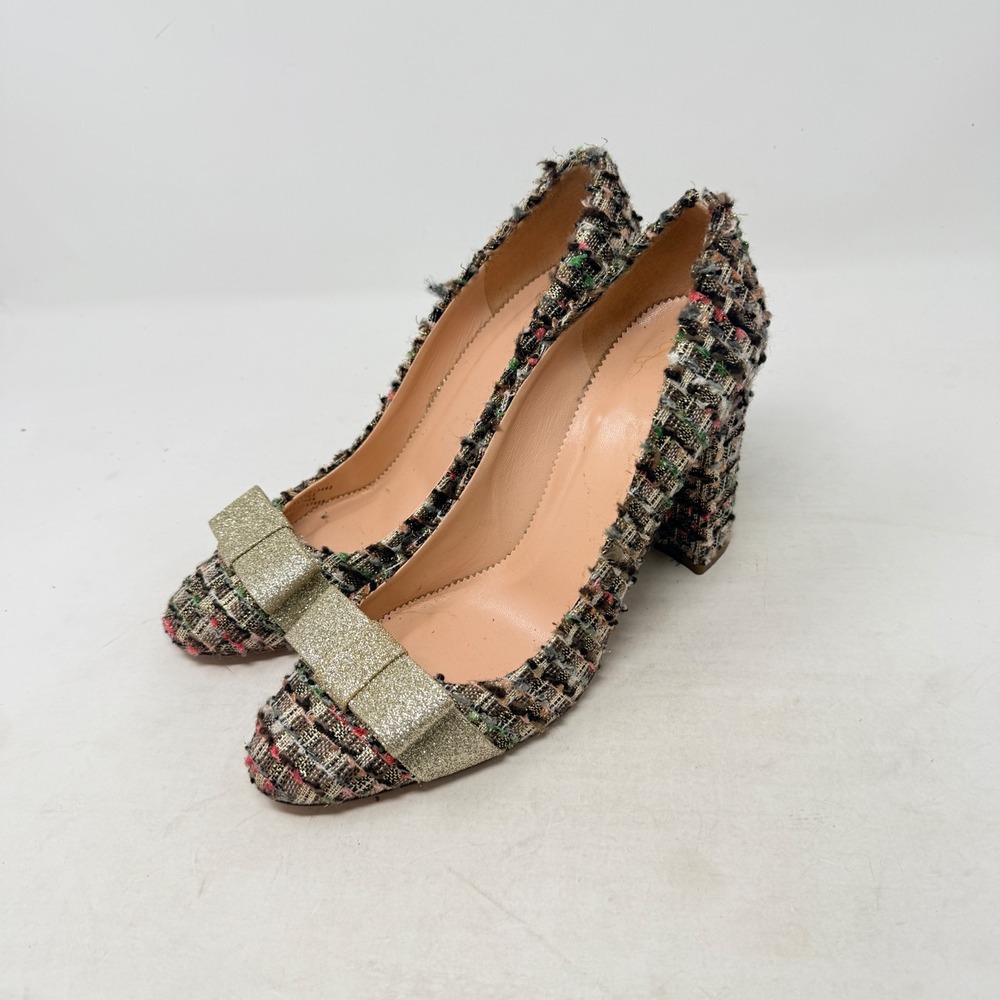 J. Crew Tweed Glitter Bow Pumps 8.5 Preppy Holiday Block Heel Made Italy